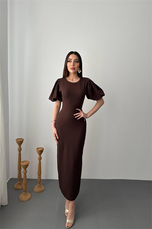 Wholesale Brown Balloon Sleeve Dress