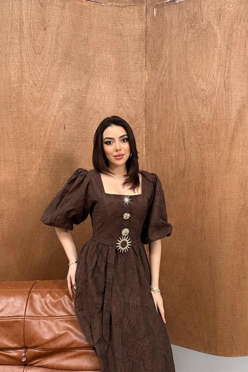 Wholesale Brown Balloon Sleeve Dress with Belt and Gold Detail
