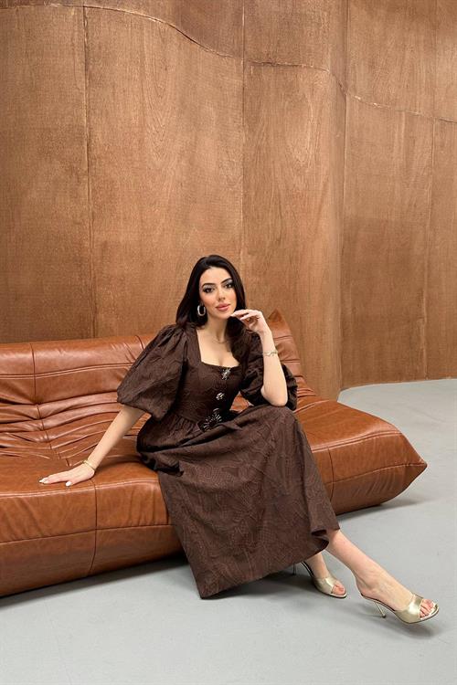 Wholesale Brown Balloon Sleeve Dress with Belt and Gold Detail