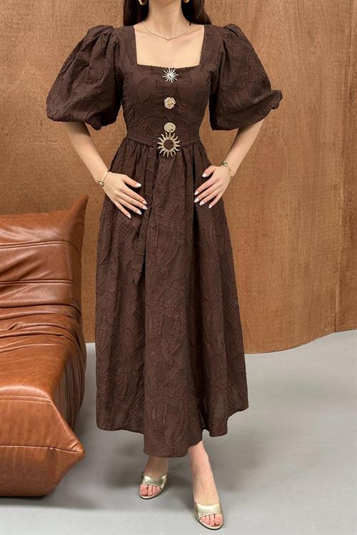 Wholesale Brown Balloon Sleeve Dress with Belt and Gold Detail