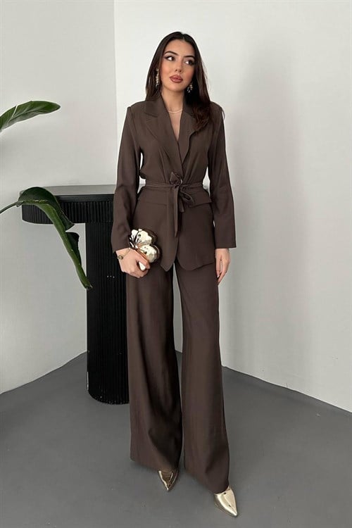 Wholesale Brown Belted Jacket and Palazzo Trousers Suit