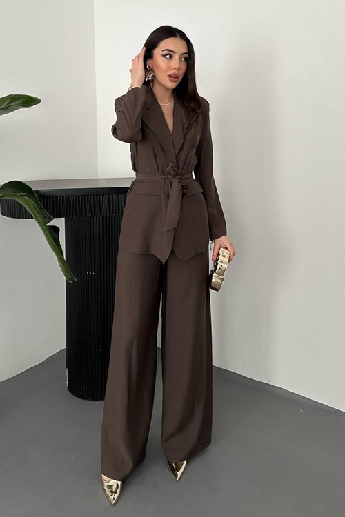 Wholesale Brown Belted Jacket and Palazzo Trousers Suit