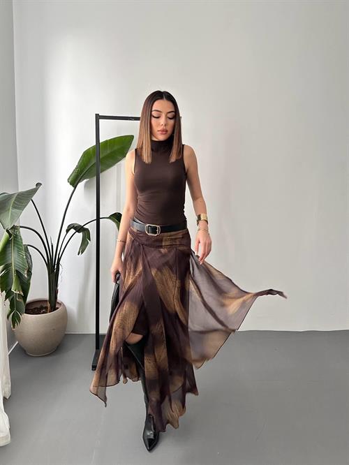 Wholesale Brown Ruched Chiffon Skirt