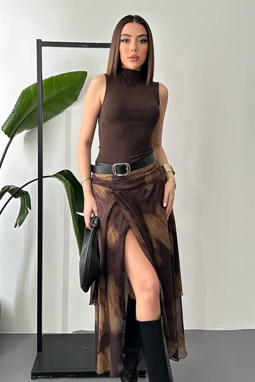 Wholesale Brown Ruched Chiffon Skirt