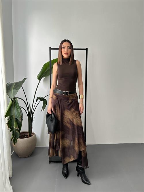 Wholesale Brown Ruched Chiffon Skirt