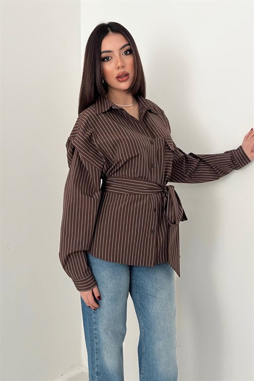 Wholesale Brown Striped Shirt with Scarf Detail