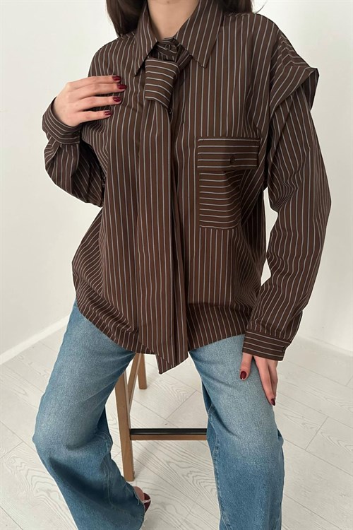 Wholesale Brown Striped Shirt with Scarf Detail