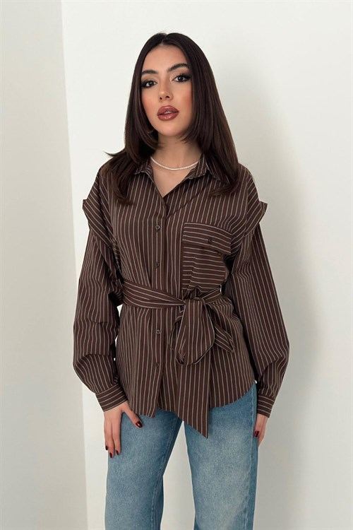 Wholesale Brown Striped Shirt with Scarf Detail