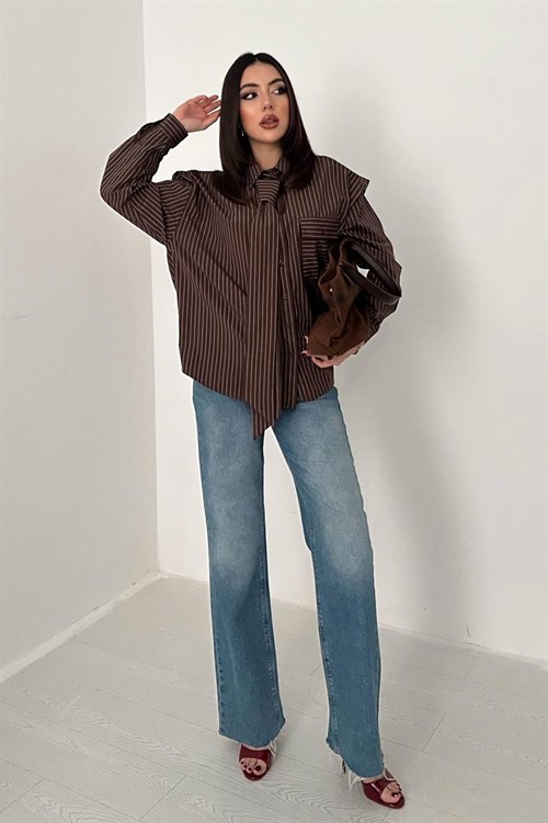 Wholesale Brown Striped Shirt with Scarf Detail