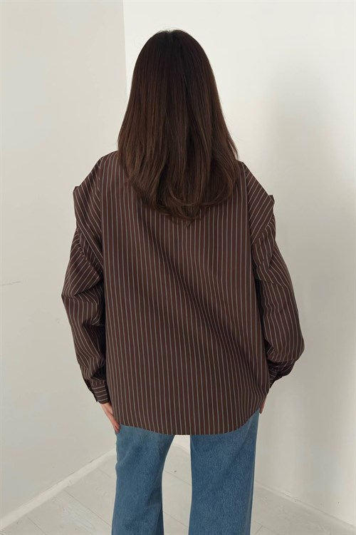 Wholesale Brown Striped Shirt with Scarf Detail