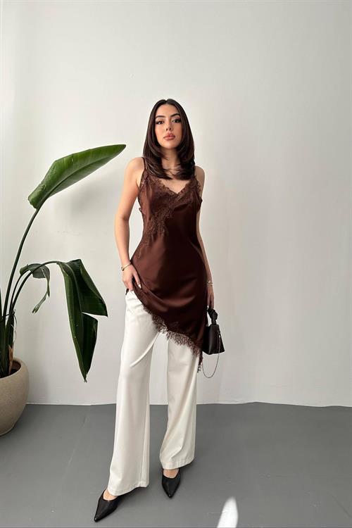 Wholesale Brown Satin Dress with Lace Trim