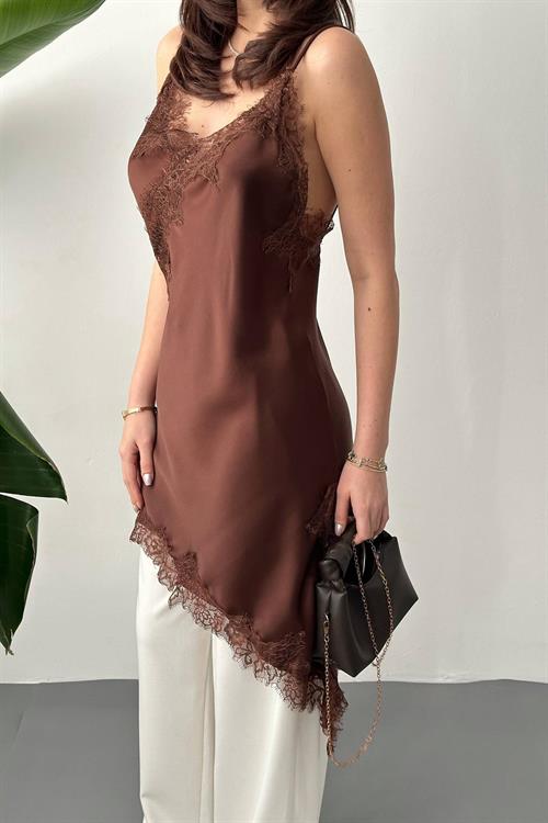 Wholesale Brown Satin Dress with Lace Trim