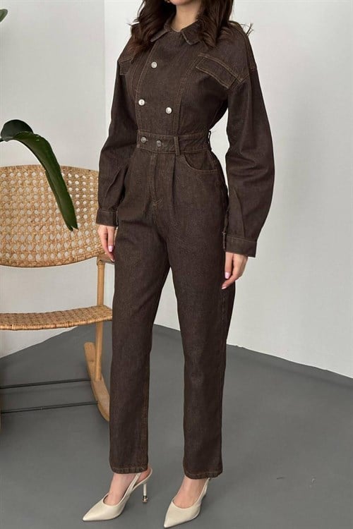 Toptan Kahverengi Denım Tulum