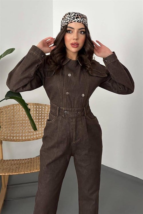 Toptan Kahverengi Denım Tulum