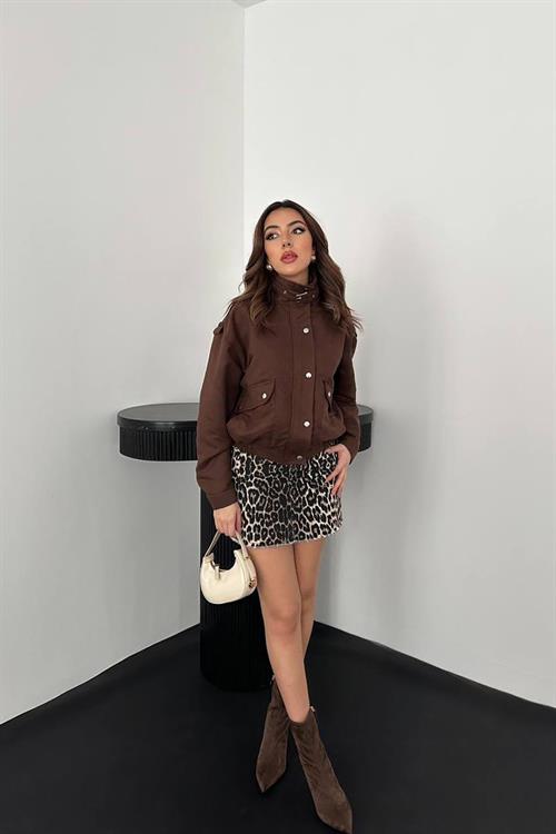 Wholesale Brown Stand-Collar Short Jacket