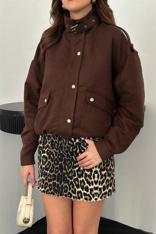 Wholesale Brown Stand-Collar Short Jacket