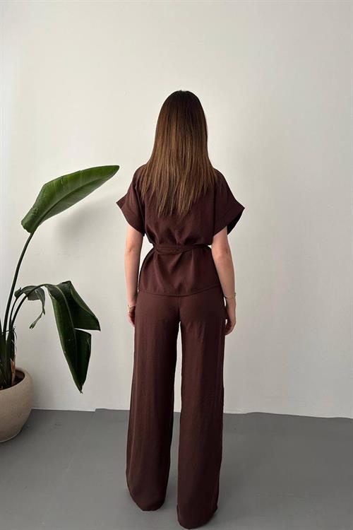 Wholesale Brown Modal Two-Piece Set with Gold Buttons and Matching Belt
