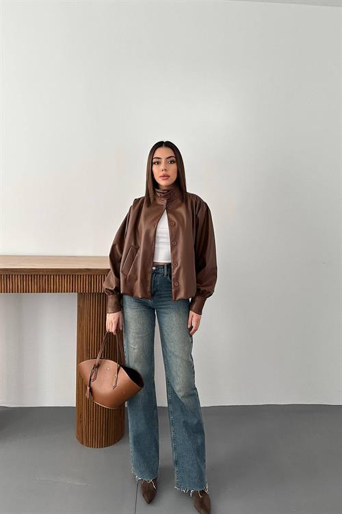 Wholesale Brown Button-Up Leather Jacket