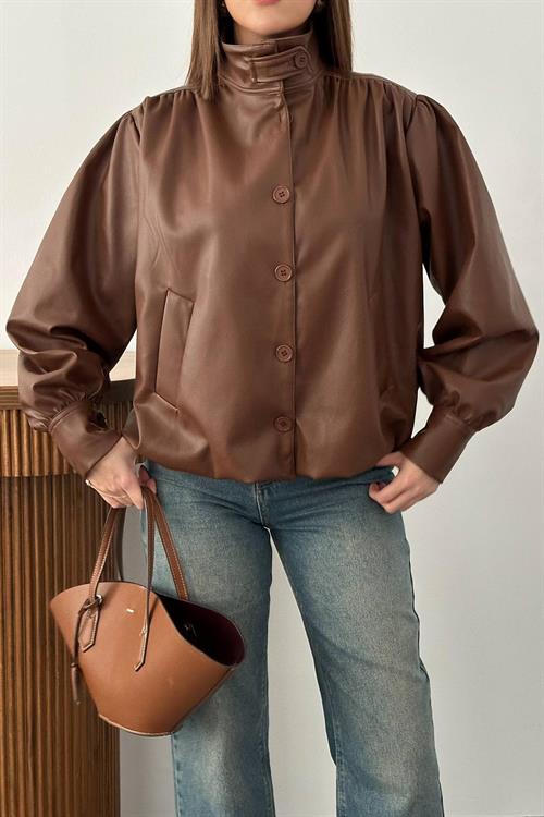 Wholesale Brown Button-Up Leather Jacket