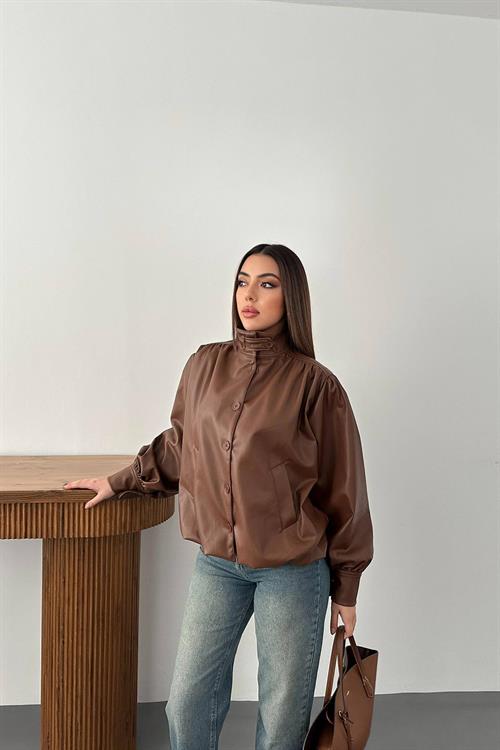 Wholesale Brown Button-Up Leather Jacket