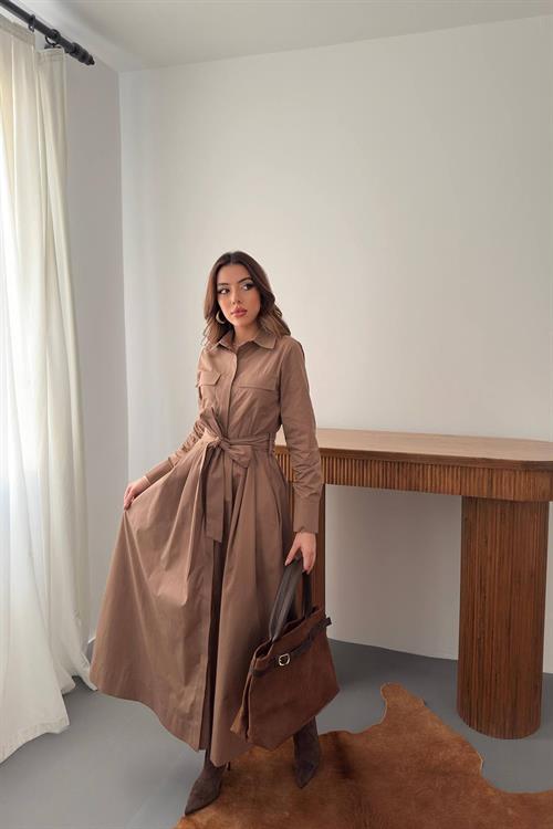 Toptan Kahverengi Düğmeli Poplin Elbise