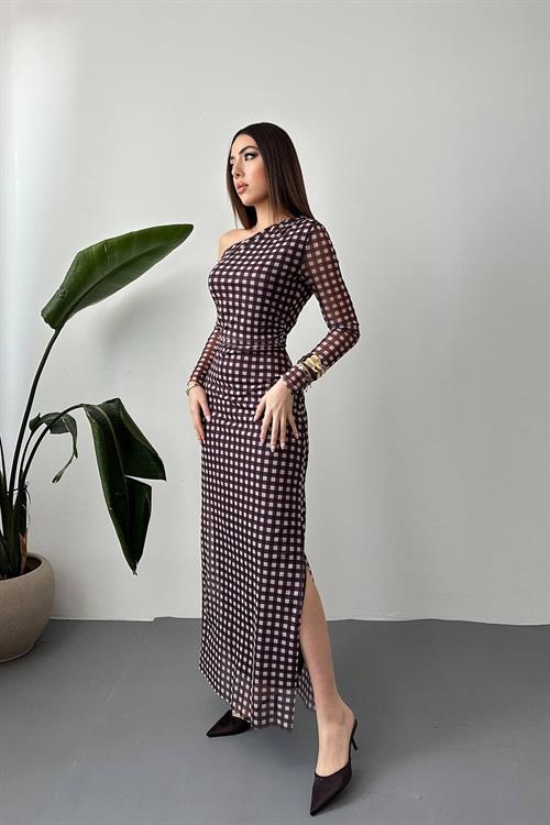 Wholesale Brown Plaid Tulle Dress