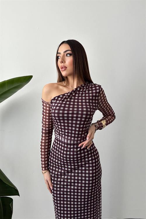 Wholesale Brown Plaid Tulle Dress