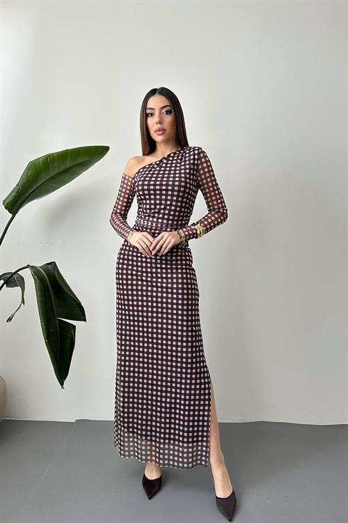 Wholesale Brown Plaid Tulle Dress