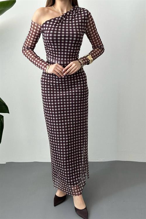 Wholesale Brown Plaid Tulle Dress