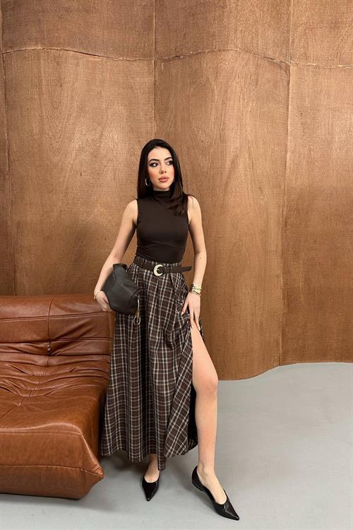 Toptan Kahverengi Ekose Etek