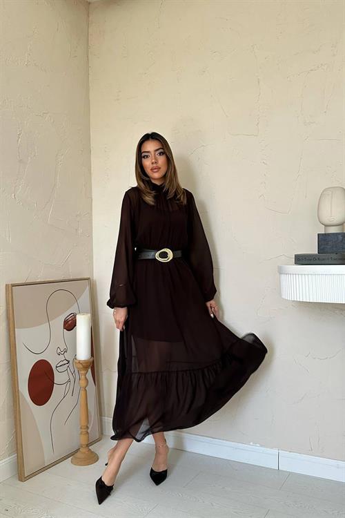 Wholesale Brown Ruffled Chiffon Dress