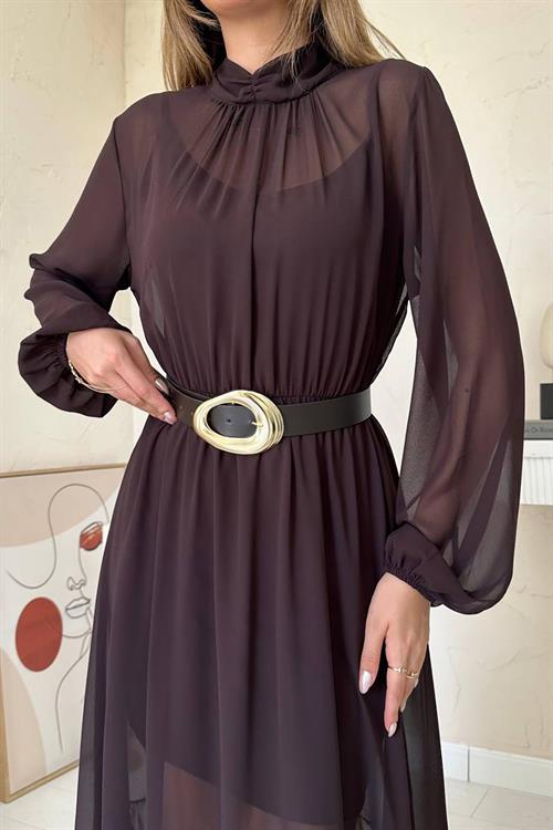 Wholesale Brown Ruffled Chiffon Dress