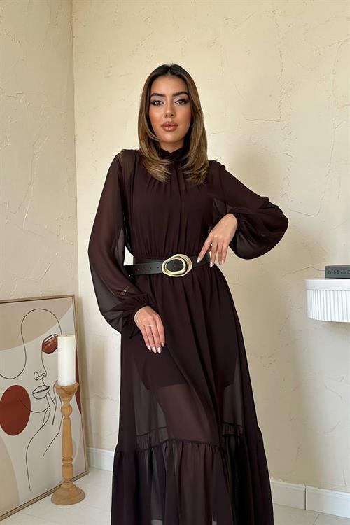 Wholesale Brown Ruffled Chiffon Dress