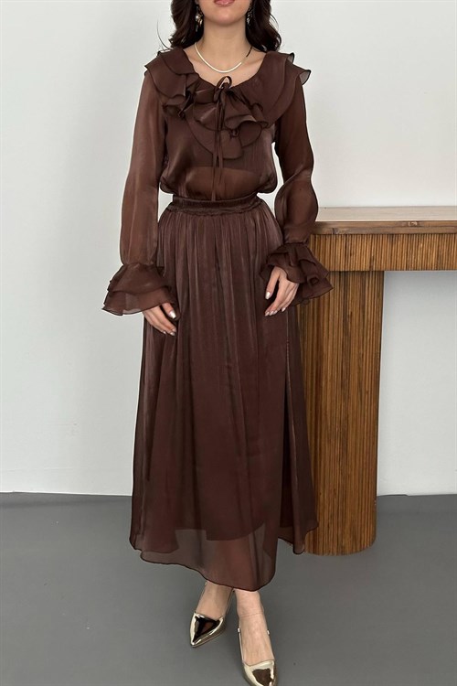 Wholesale Brown Ruffled Blouse and Elastic Waist Skirt Set
