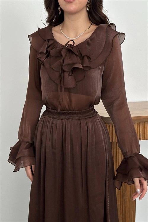 Wholesale Brown Ruffled Blouse and Elastic Waist Skirt Set