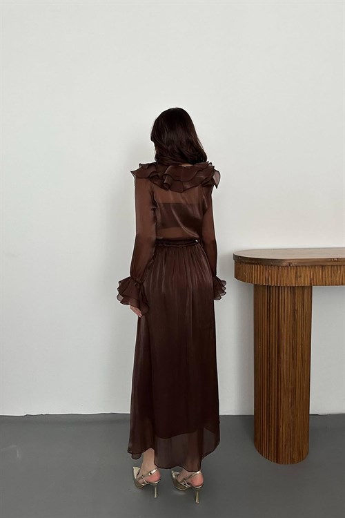 Wholesale Brown Ruffled Blouse and Elastic Waist Skirt Set