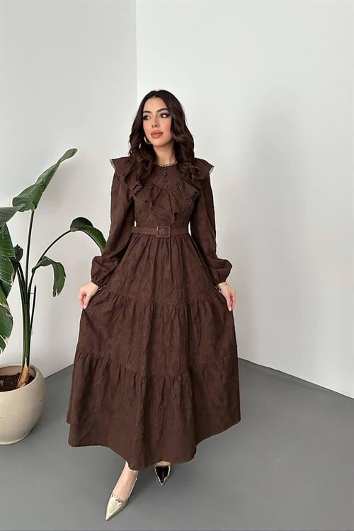 Wholesale Brown Ruffled Embroidered Dress