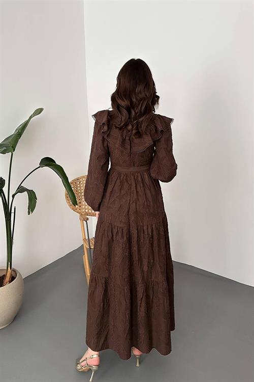 Wholesale Brown Ruffled Embroidered Dress