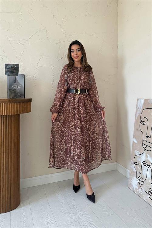 Wholesale Brown Ruffled Chiffon Dress