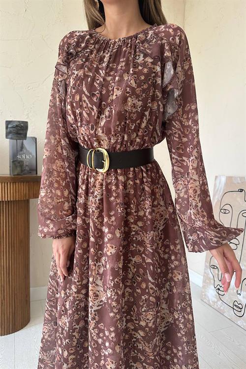 Wholesale Brown Ruffled Chiffon Dress