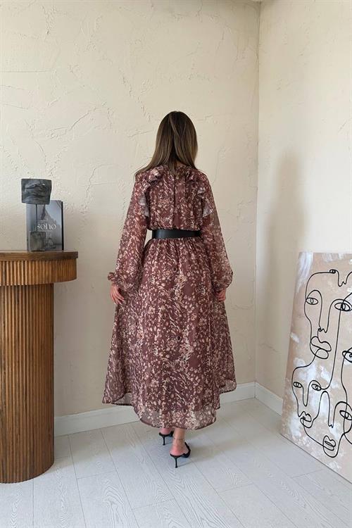 Wholesale Brown Ruffled Chiffon Dress