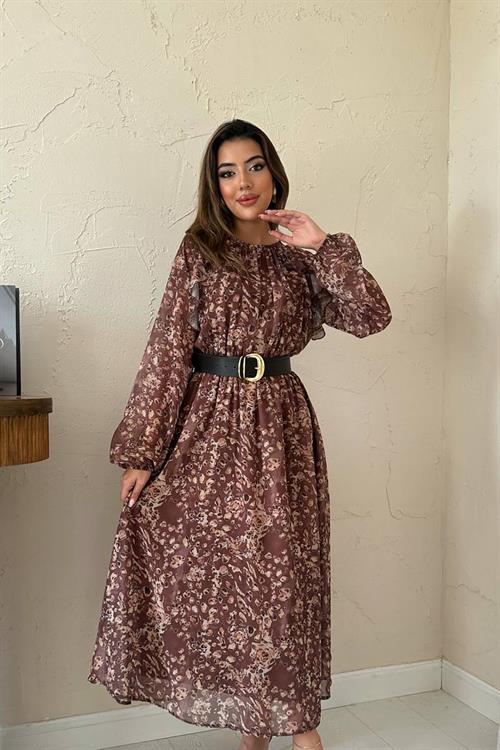 Wholesale Brown Ruffled Chiffon Dress