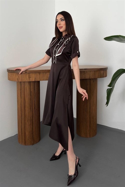 Wholesale Brown Satin Dress with Scarf