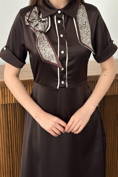 Wholesale Brown Satin Dress with Scarf