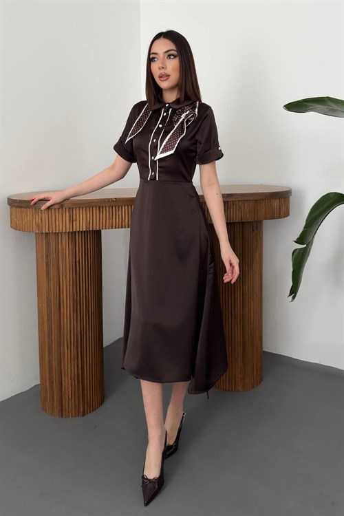 Wholesale Brown Satin Dress with Scarf
