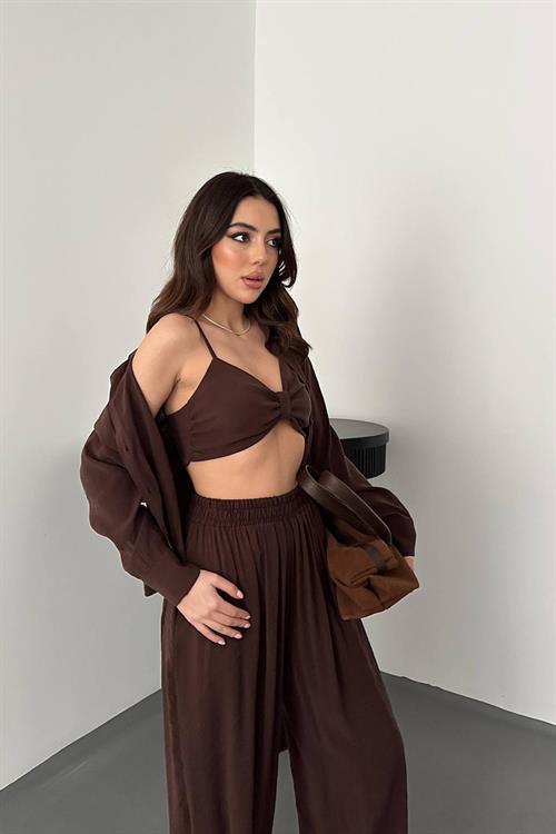 Wholesale Brown Three-Piece Suit with Smocked Detail