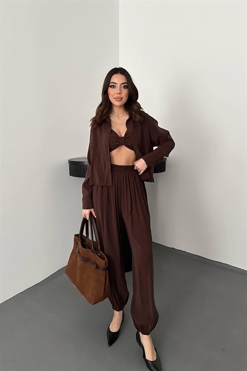 Wholesale Brown Three-Piece Suit with Smocked Detail