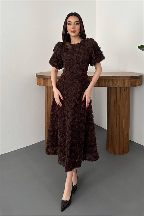 Toptan Kahverengi Güllü Elbise