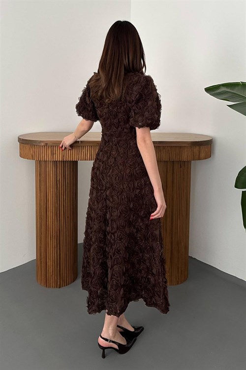 Toptan Kahverengi Güllü Elbise