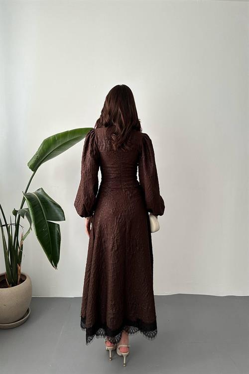 Wholesale Brown Embossed Shimmery Maxi Dress with Lace Trim
